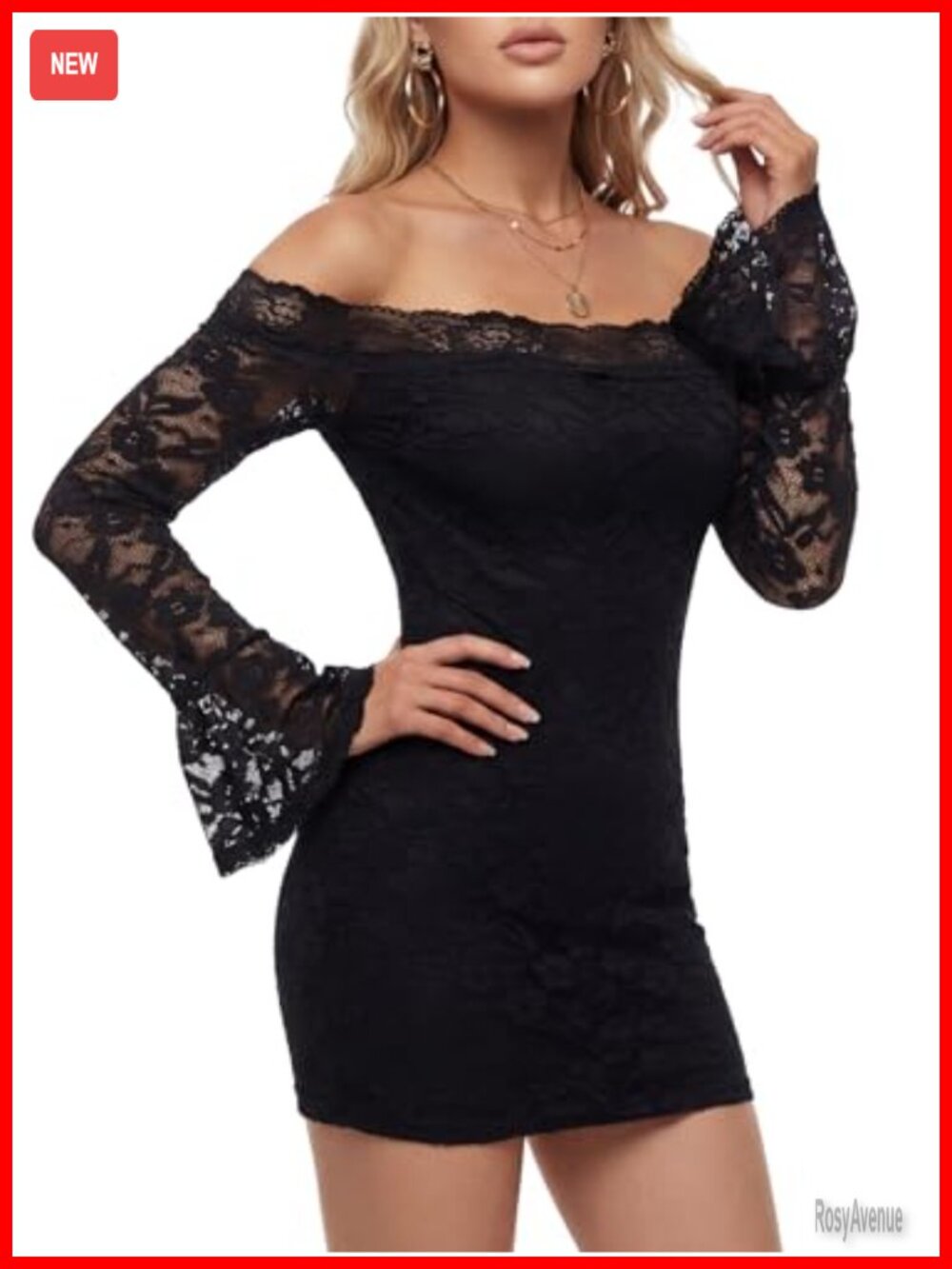 Floral Lace Off Shoulder Bell Long Sleeve Bodycon Mini Dress Club Night Out - Picture 3 of 7